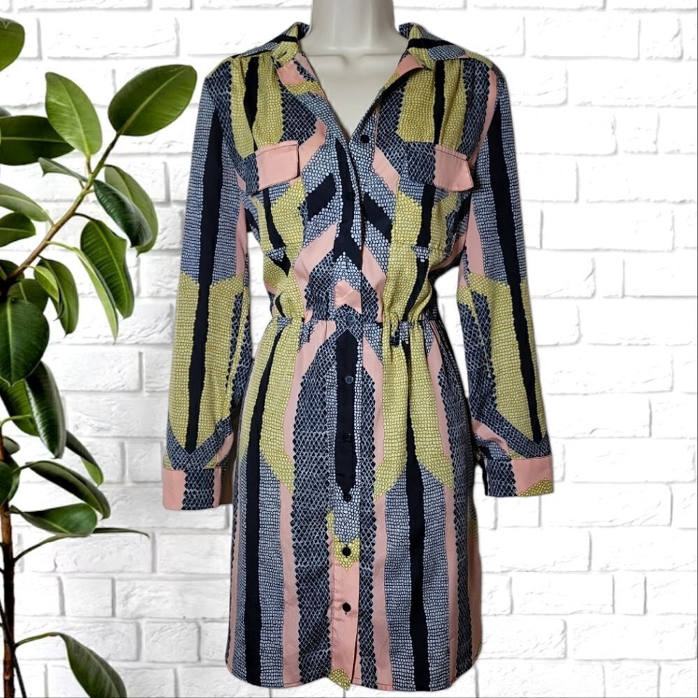 Bar III Geometric Long Sleeve Button-Down Dress
